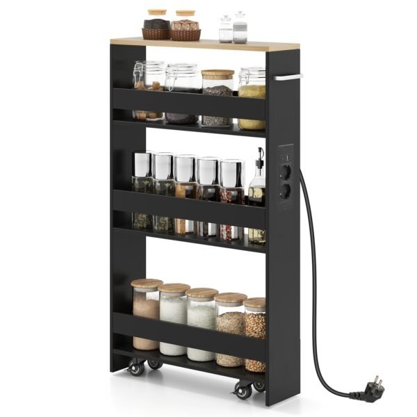 Plonas 4 pakopų virtuvės vežimėlis su įkrovimo stotele (Juoda)