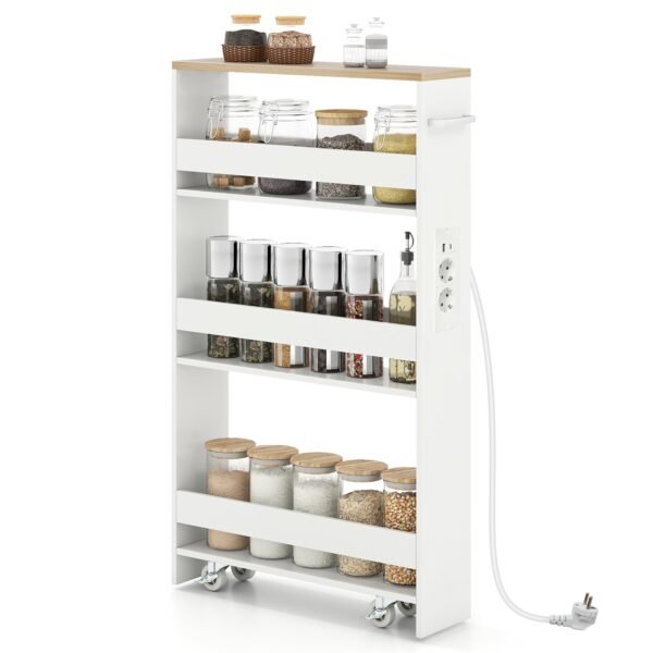 Plonas daugiafunkcis vežimėlis su 4 lentynomis ir įkrovimo stotele (Natūrali + Balta)