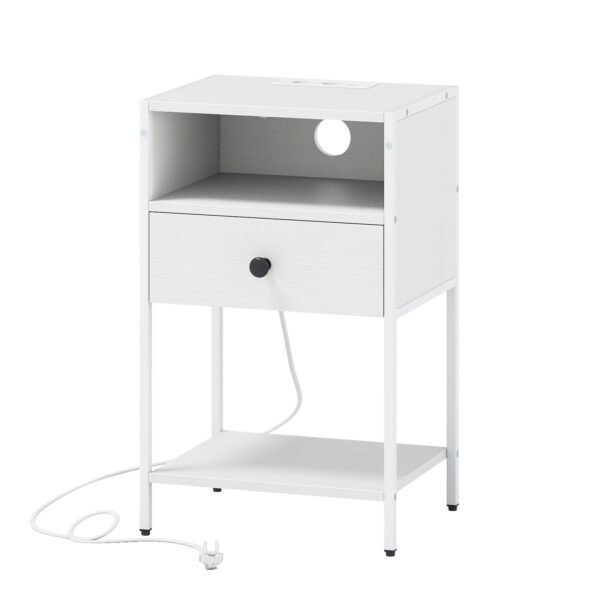 Pramoninio Stiliaus Naktinis Staliukas su Įkrovimo Stotele ir Stalčiumi (Balta)