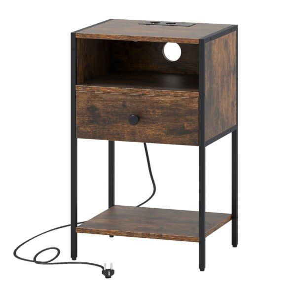 Pramoninio stiliaus naktinis staliukas su įkrovimo stotele ir stalčiumi (Kaimiška ruda)