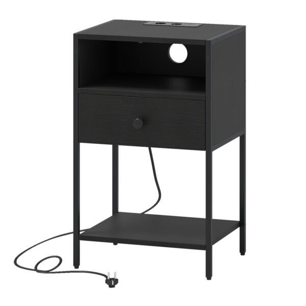 Pramoninio stiliaus naktinis staliukas su įkrovimo stotele talpia saugykla (Juoda)