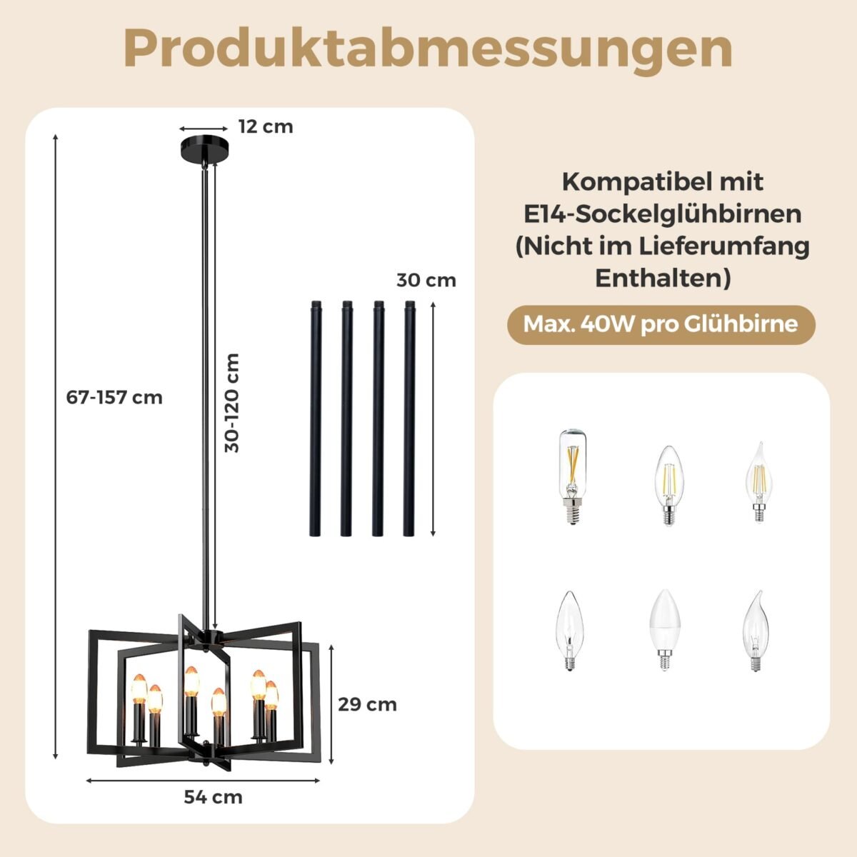 Pramoninio stiliaus pakabinamas šviestuvas su 6 lempučių lizdais ir reguliuojamu aukščiu (Juoda) – Paveikslėlis 2