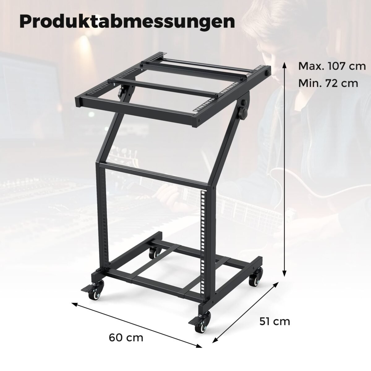 Profesionalus dviejų lygių garso aparatūros stovas su reguliuojamomis atramomis ir užrakinamais ratukais (Juoda) – Paveikslėlis 2