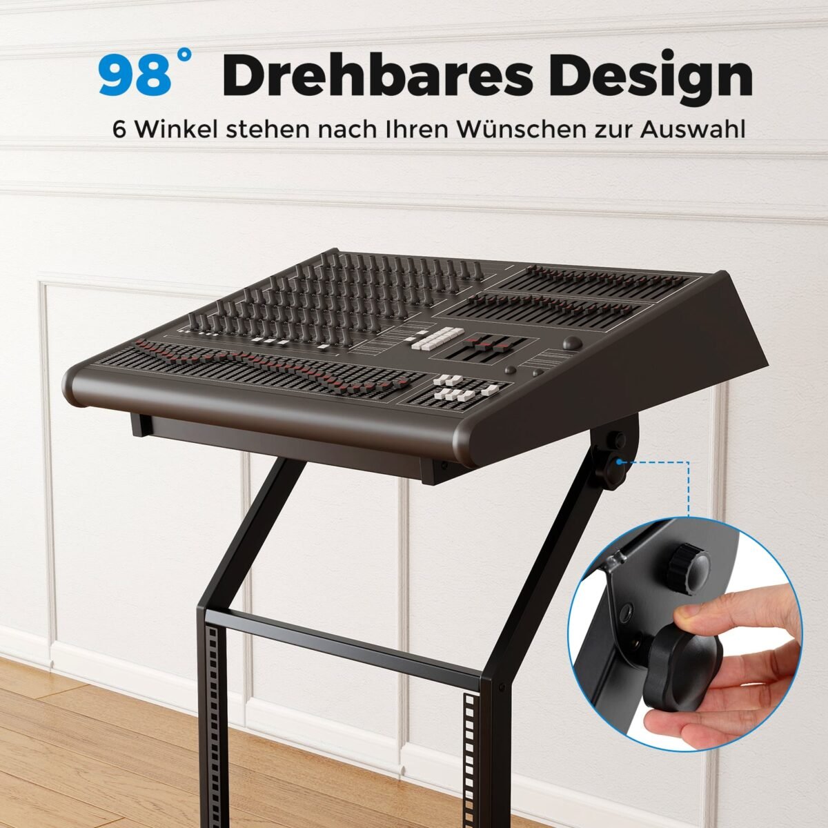 Profesionalus dviejų lygių garso aparatūros stovas su reguliuojamomis atramomis ir užrakinamais ratukais (Juoda) – Paveikslėlis 4