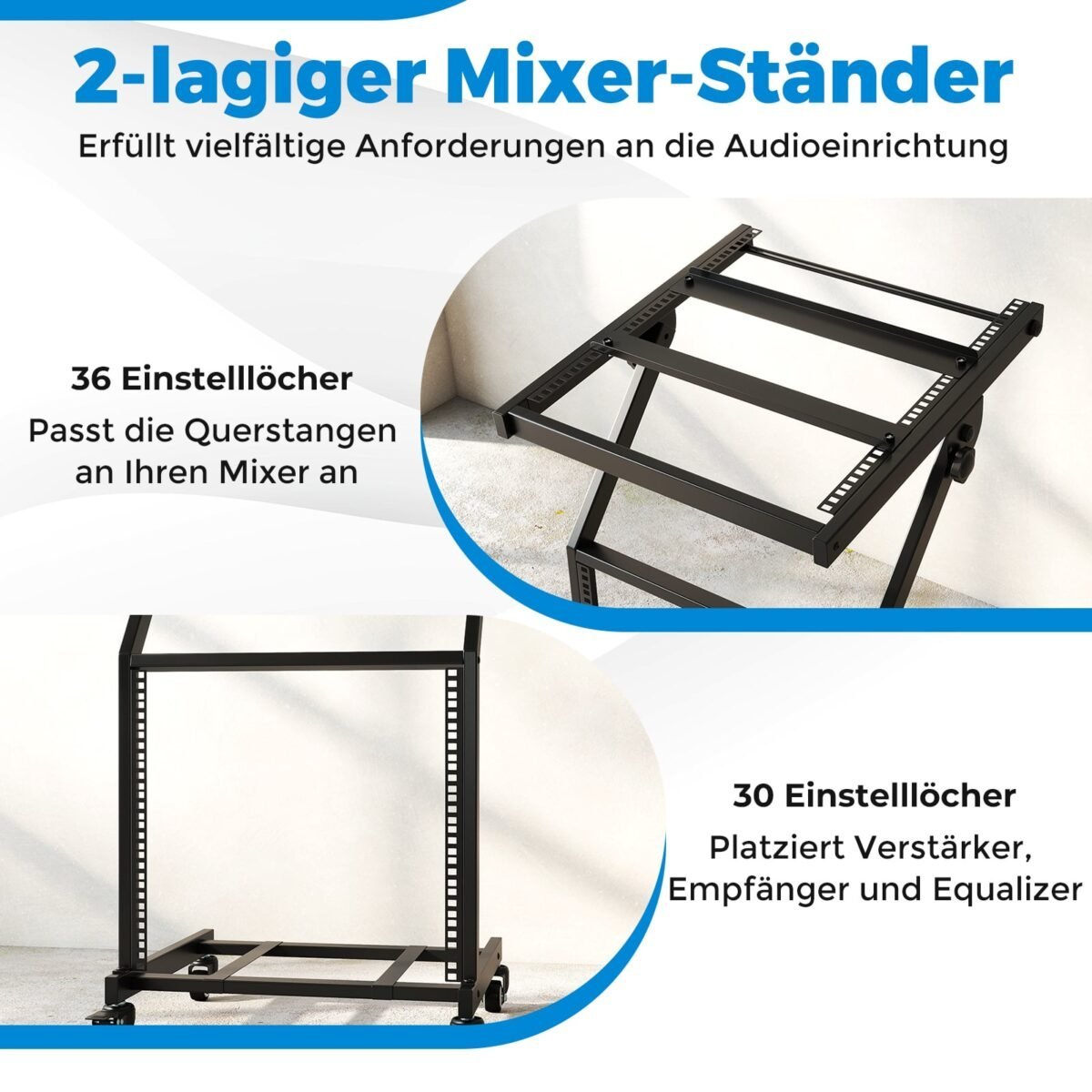 Profesionalus dviejų lygių garso aparatūros stovas su reguliuojamomis atramomis ir užrakinamais ratukais (Juoda) – Paveikslėlis 5