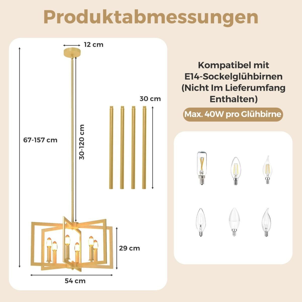 Reguliuojamo aukščio 6 šviesos šaltinių pakabinamas šviestuvas (Auksinė) – Paveikslėlis 2