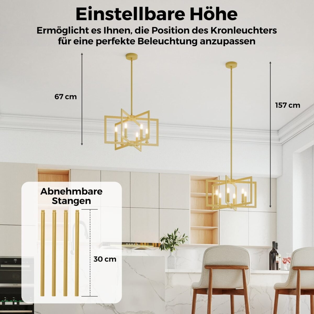 Reguliuojamo aukščio 6 šviesos šaltinių pakabinamas šviestuvas (Auksinė) – Paveikslėlis 3