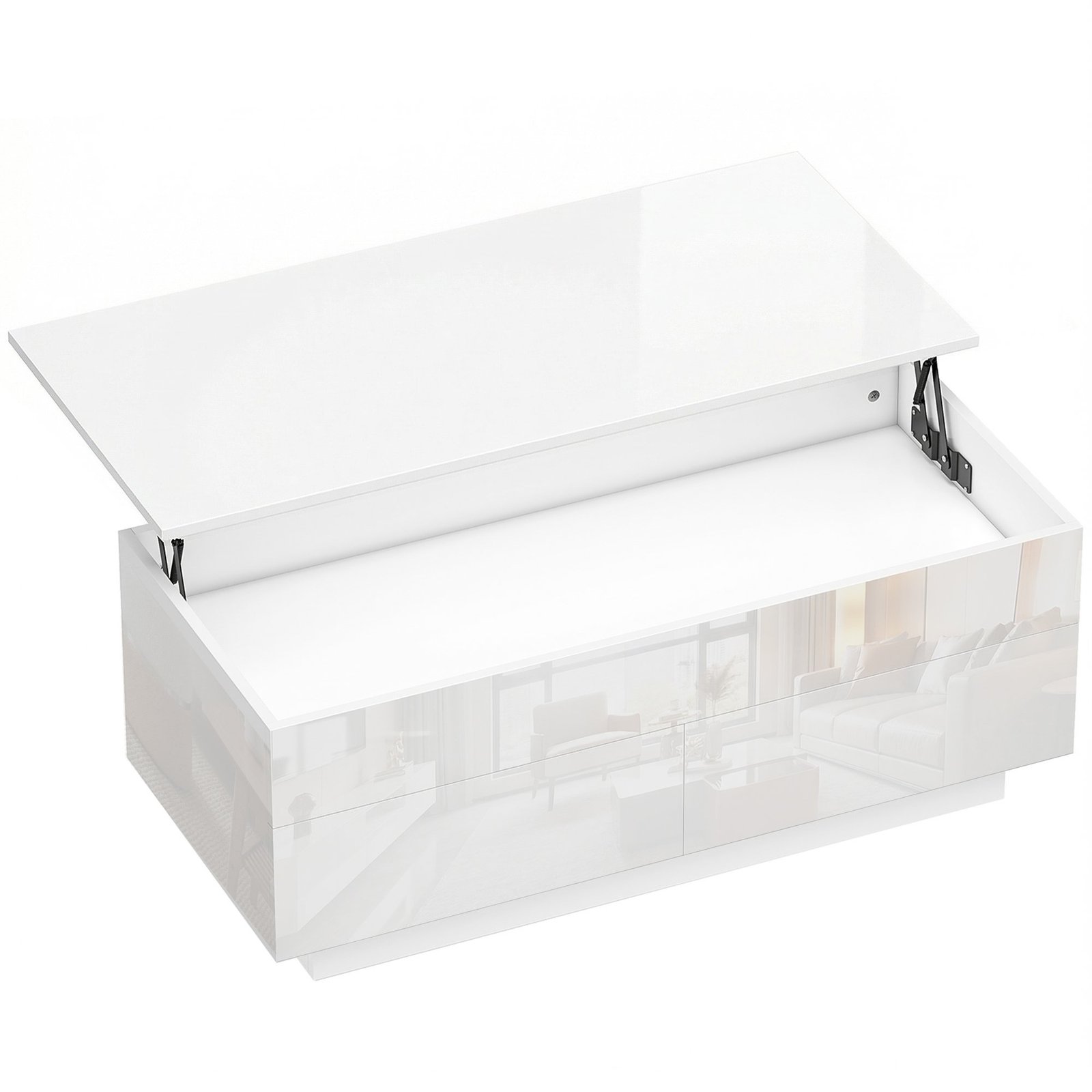 Reguliuojamo aukščio kavos staliukas su paslėpta daiktadėže ir 2 stalčiais