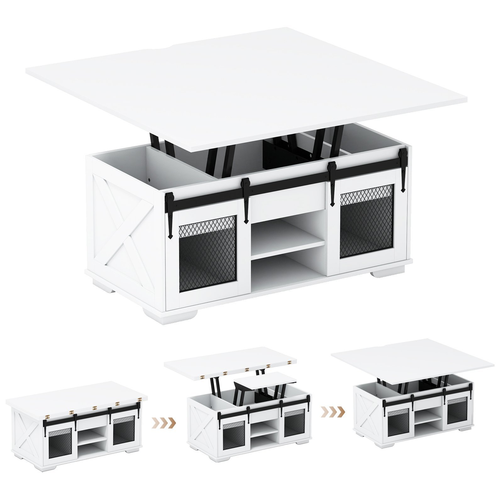 Reguliuojamo aukščio kavos staliukas su stumdomomis durelėmis kaimiško stiliaus (Balta)