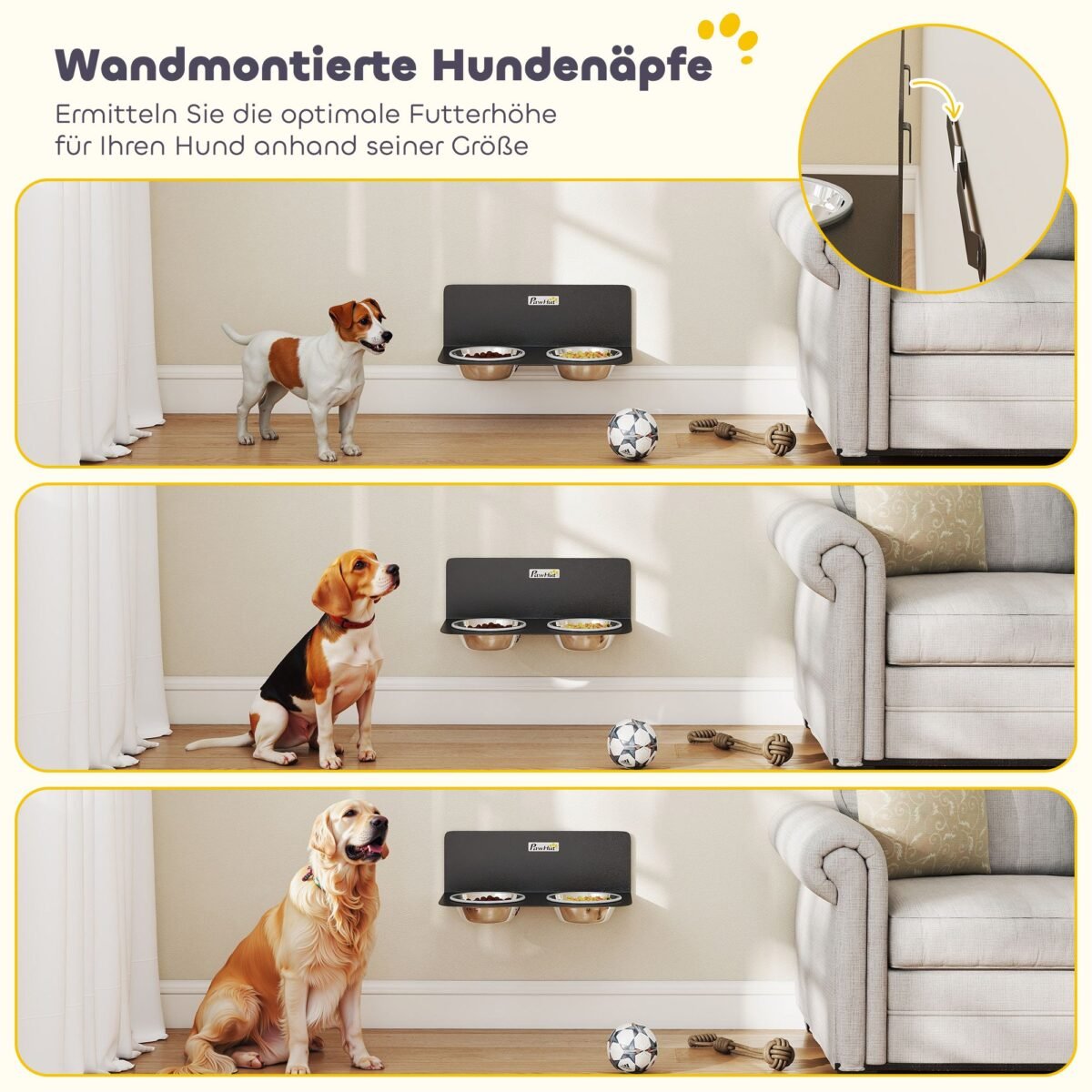 Reguliuojamo aukščio sieninė šunų šėrykla su 2 nerūdijančio plieno dubenėliais – Paveikslėlis 4