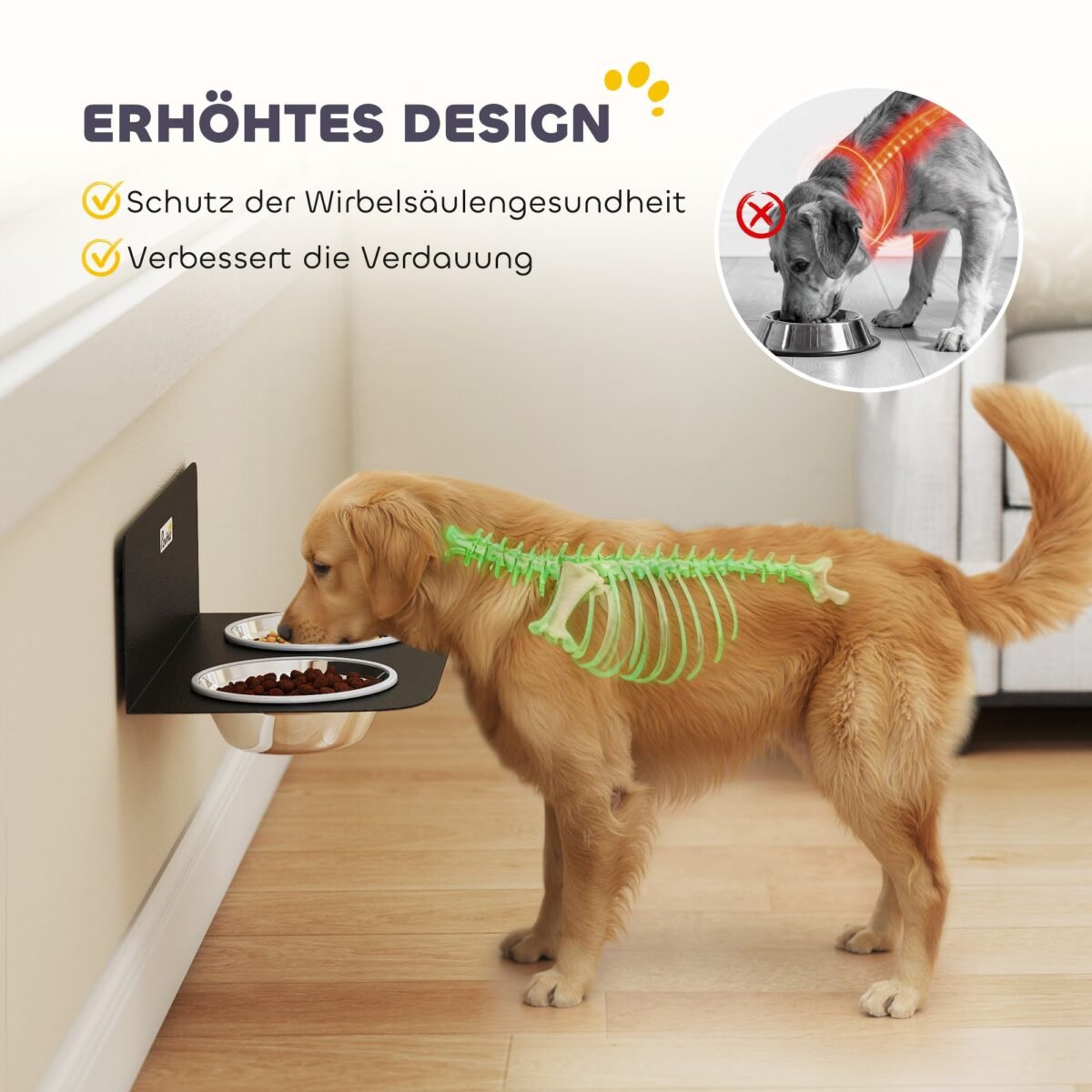 Reguliuojamo aukščio sieninė šunų šėrykla su 2 nerūdijančio plieno dubenėliais – Paveikslėlis 5