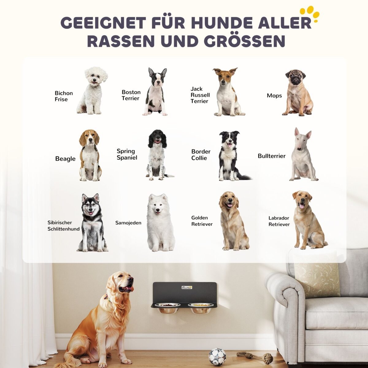 Reguliuojamo aukščio sieninė šunų šėrykla su 2 nerūdijančio plieno dubenėliais – Paveikslėlis 7