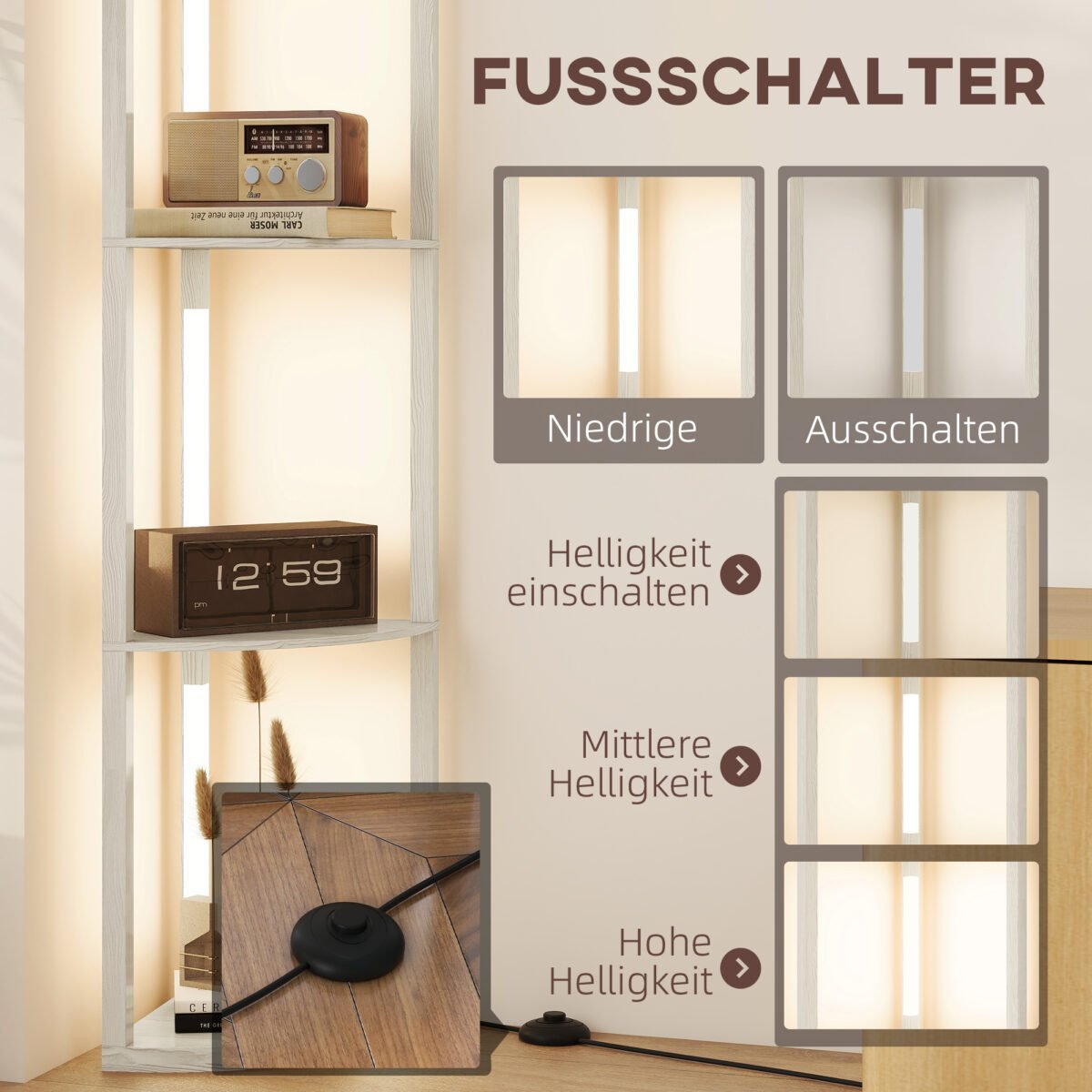 Reguliuojamo ryškumo kampinis pastatomas LED šviestuvas su 4 lentynomis – Paveikslėlis 7