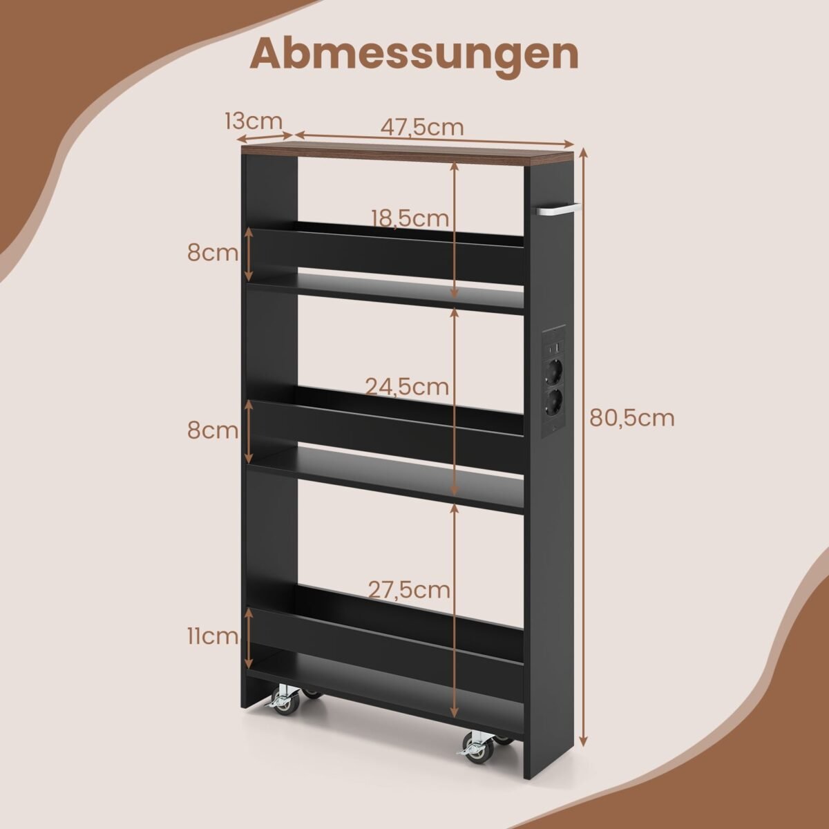 Siauras 4 pakopų mobilus vežimėlis su įkrovimo stotele (Ruda + Juoda) – Paveikslėlis 2