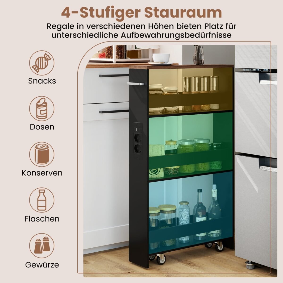 Siauras 4 pakopų mobilus vežimėlis su įkrovimo stotele (Ruda + Juoda) – Paveikslėlis 4