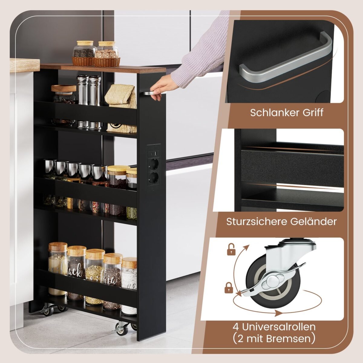 Siauras 4 pakopų mobilus vežimėlis su įkrovimo stotele (Ruda + Juoda) – Paveikslėlis 5