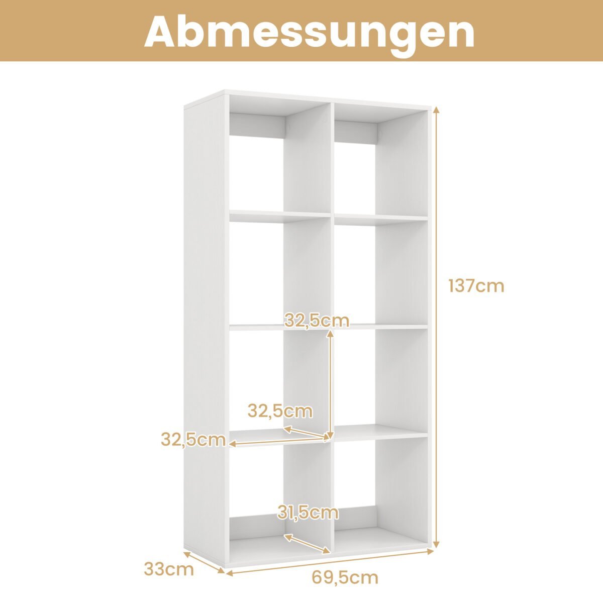 Šiuolaikinė knygų lentyna su 8 kubiniais skyriais ir apsauga nuo apvirtimo (Balta) – Paveikslėlis 2