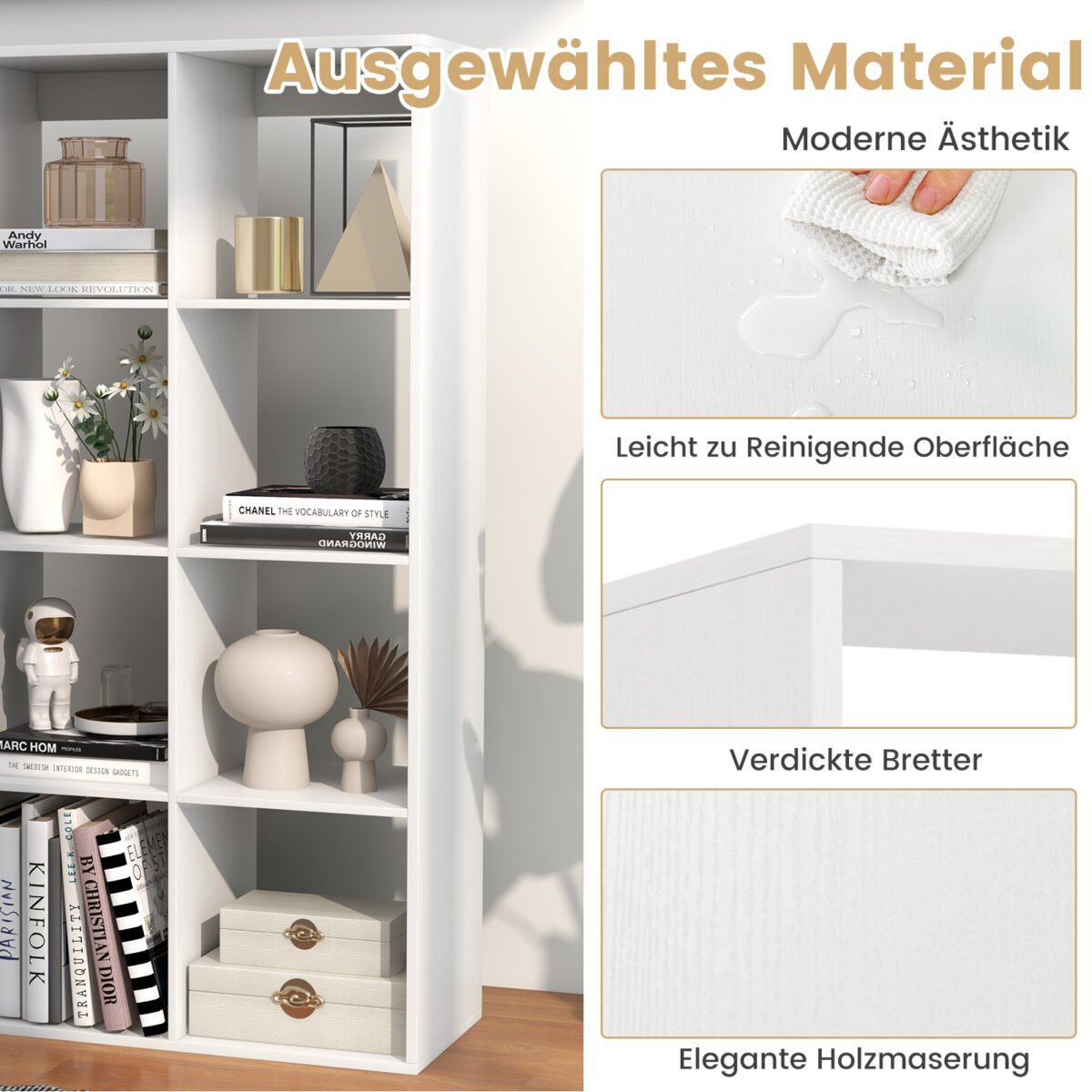 Šiuolaikinė knygų lentyna su 8 kubiniais skyriais ir apsauga nuo apvirtimo (Balta) – Paveikslėlis 5