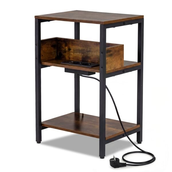 Šoninis staliukas su įkrovimo stotele ir 3 lentynomis (Kaimiška ruda)