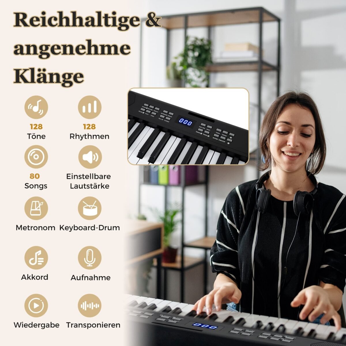 Sulankstomas 61 klavišų elektroninis pianinas su MIDI funkcija (Juoda) – Paveikslėlis 4