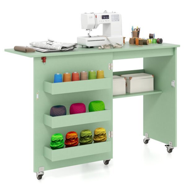 Sulankstomas mobilus siuvimo stalas su skyriais ir ratukais (Žalia)