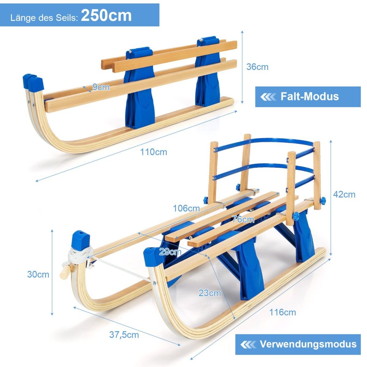 Sulankstomos medinės rogutės vaikams su atlošu (Mėlyna)