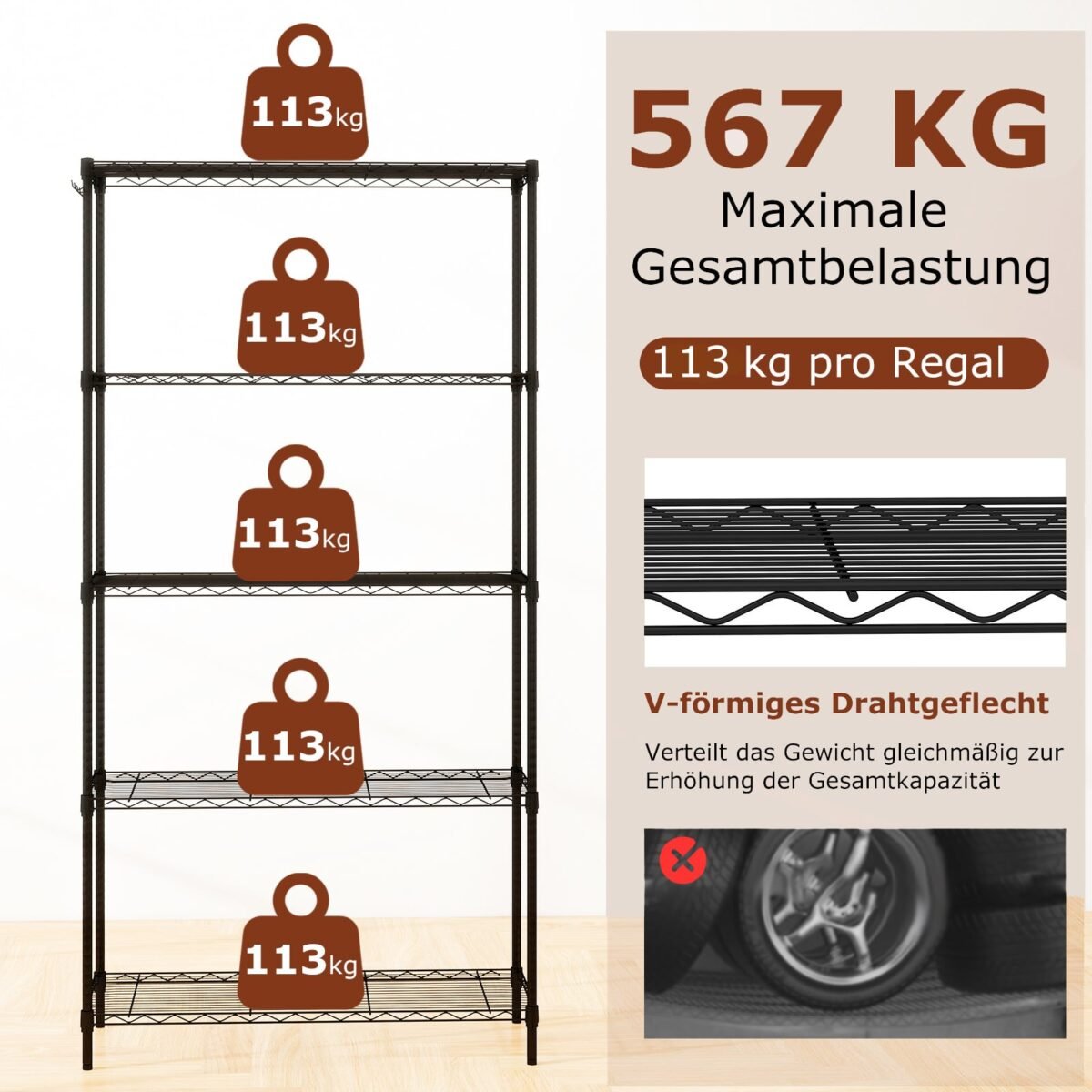 Sunkių apkrovų 5 aukštų metalinis reguliuojamas stelažas (Juoda) – Paveikslėlis 5