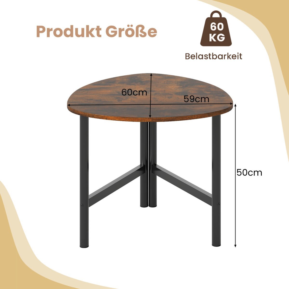 Trikampis kavos staliukas su metalinėmis kojomis (Rustikinė ruda) – Paveikslėlis 2