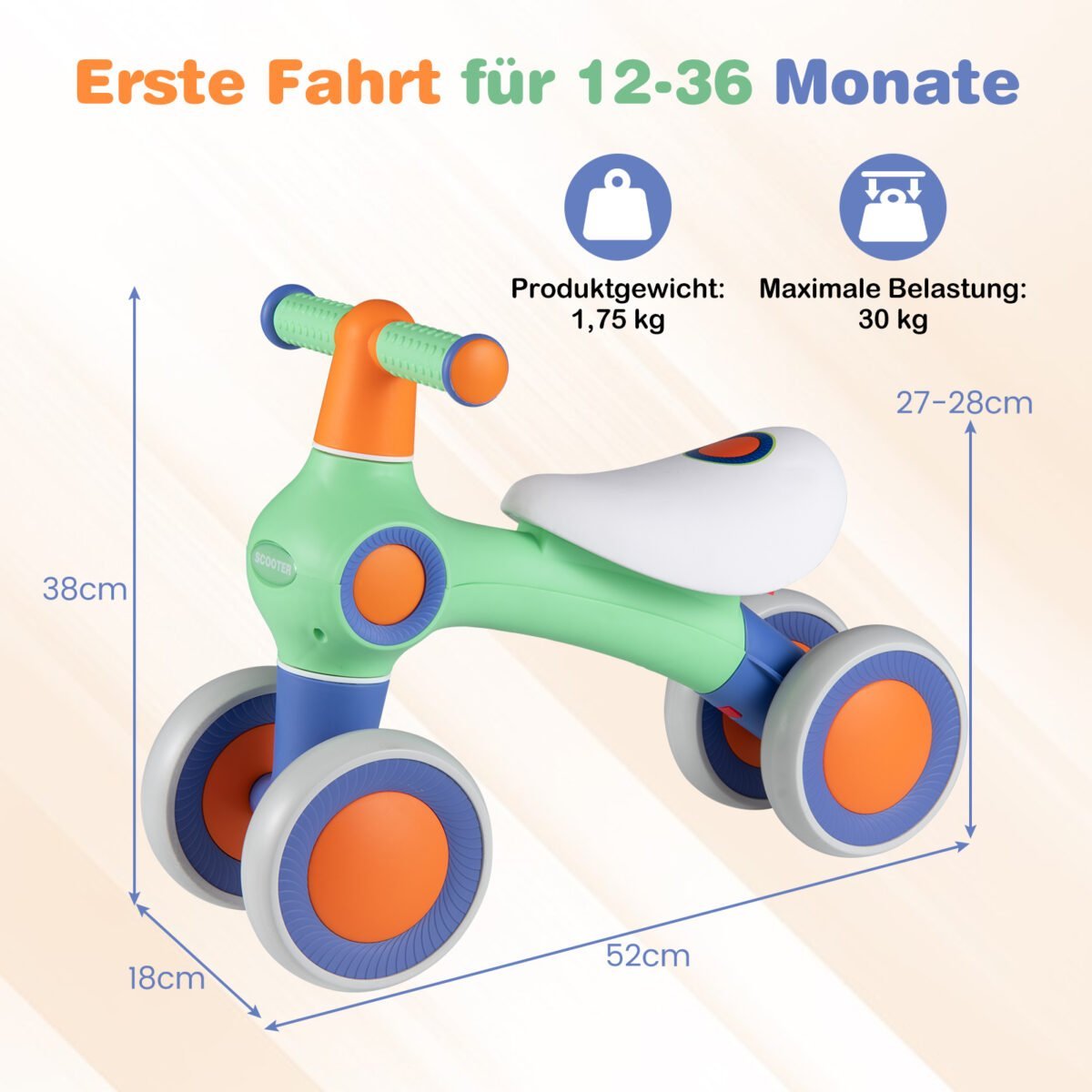 Vaikiškas balansinis dviratis su reguliuojama sėdyne ir tyliais ratukais (Žalia) – Paveikslėlis 2