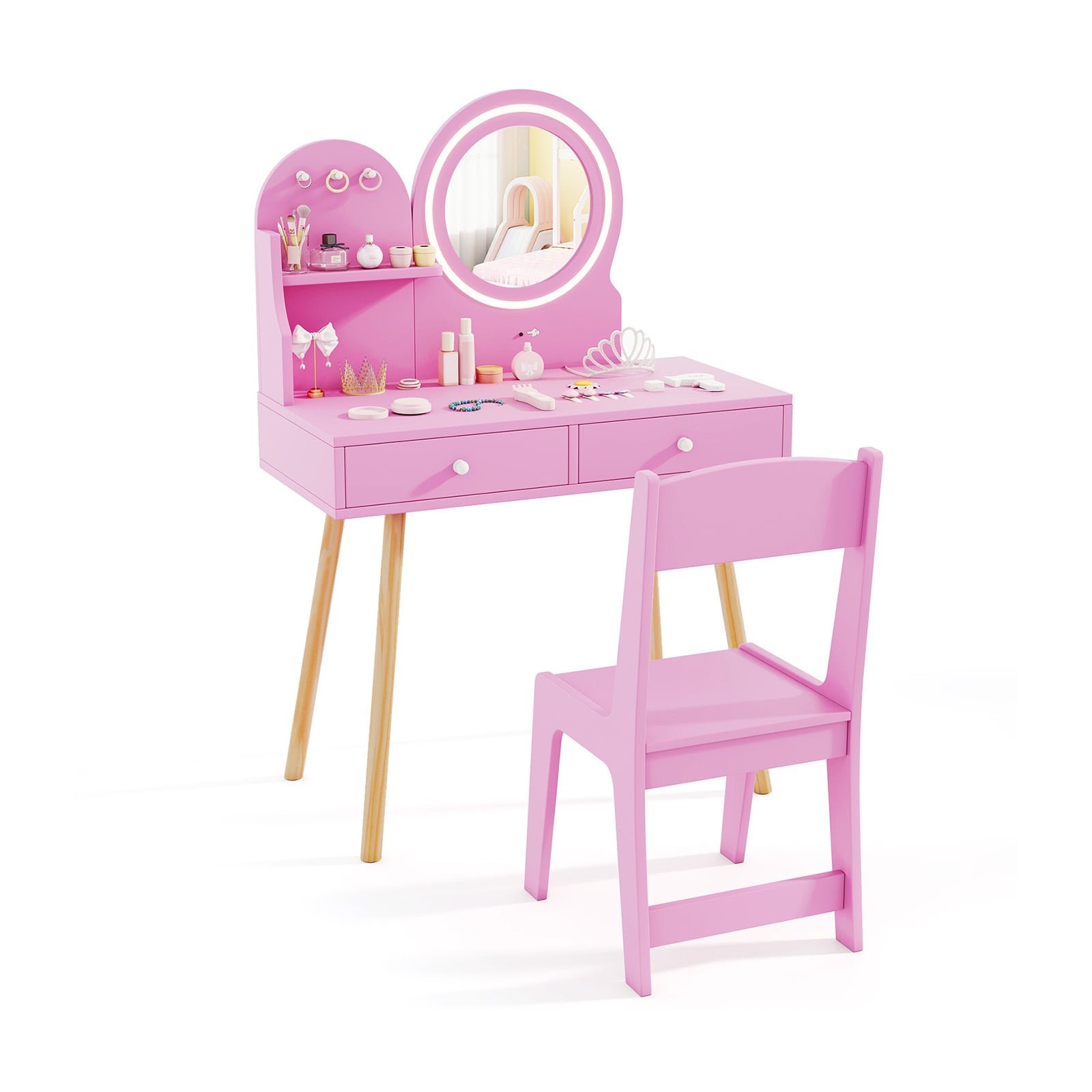 Vaikiškas kosmetikos staliukas su LED apšviestu veidrodžiu ir kėdute (Rožinė)