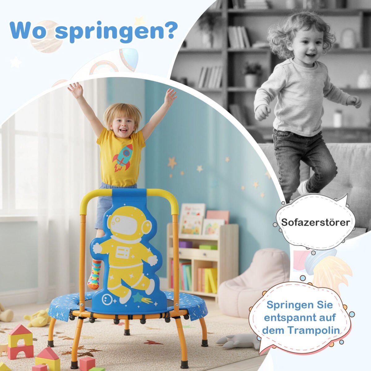 Vaikiškas mini batutas su rankena ir apsauginiu kraštu (Mėlyna) – Paveikslėlis 5