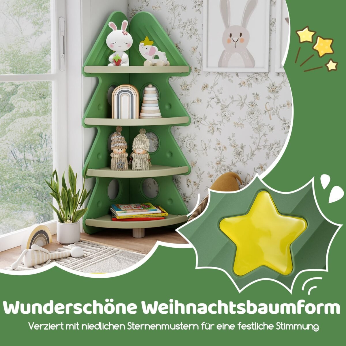 Vaikų 4 aukštų kampinė lentyna Kalėdų eglutės dizaino (Žalia) – Paveikslėlis 5