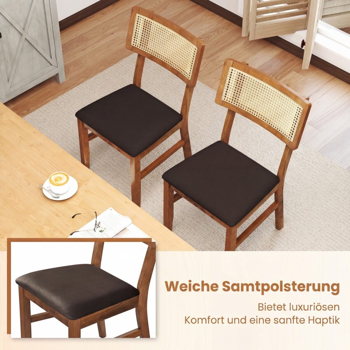 Valgomojo kėdės su paminkštinta sėdyne ir pintu rotango atlošu 2 vnt. (Ruda) – Paveikslėlis 4