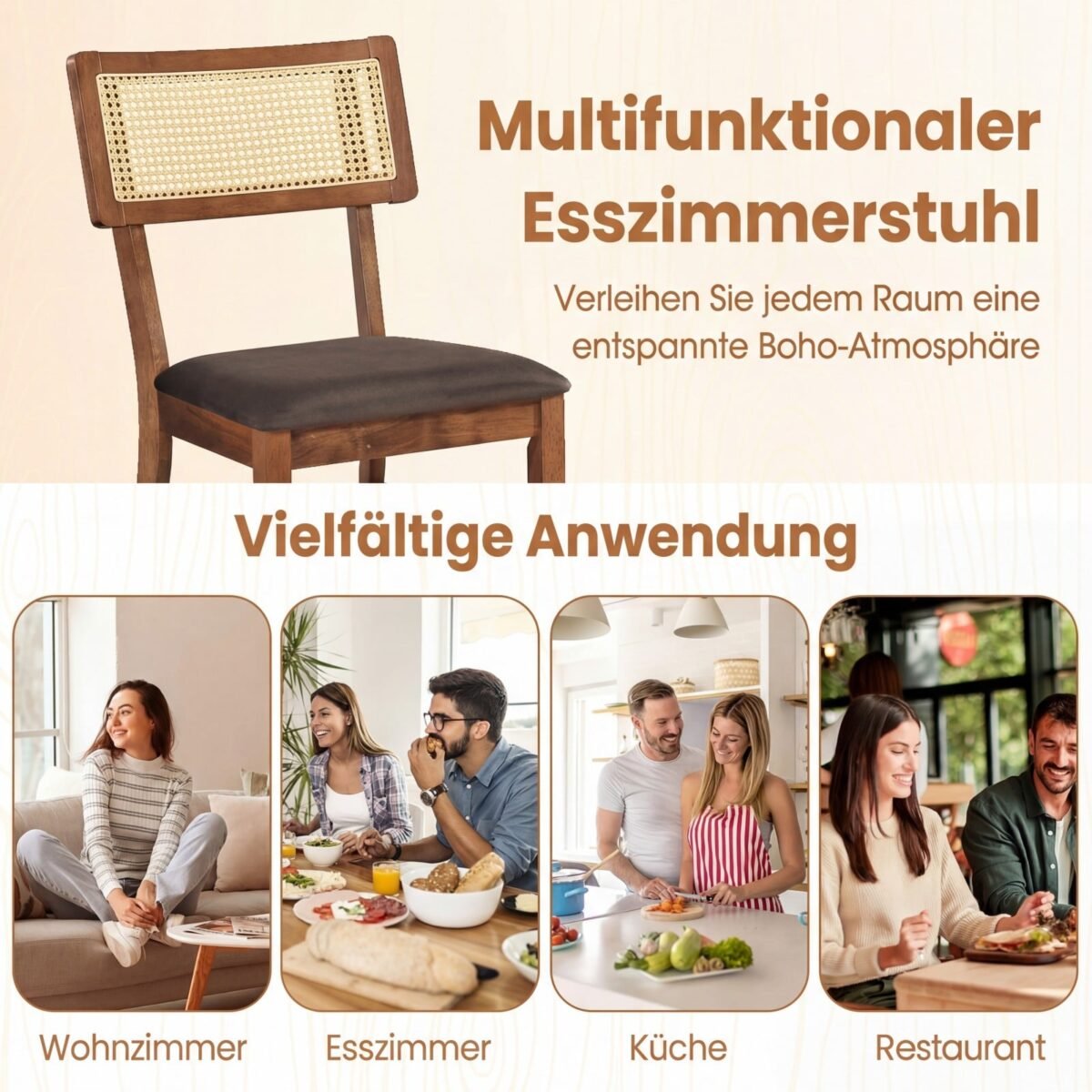 Valgomojo kėdės su paminkštinta sėdyne ir pintu rotango atlošu 2 vnt. (Ruda) – Paveikslėlis 5