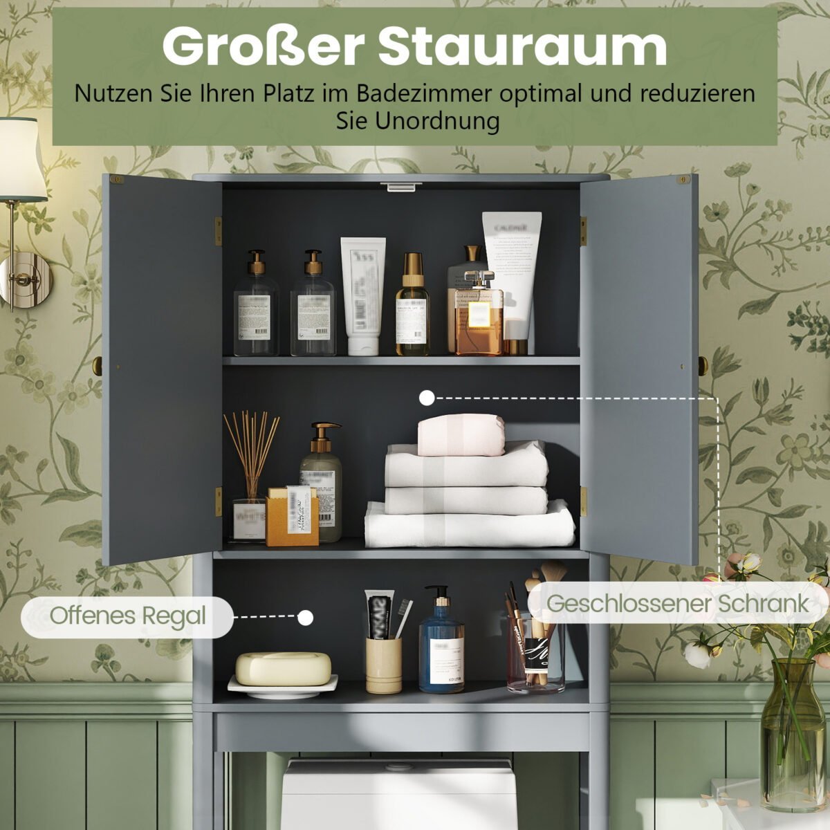 Vietą taupanti spintelė virš tualeto su durelėmis ir reguliuojama lentyna (Pilka) – Paveikslėlis 3