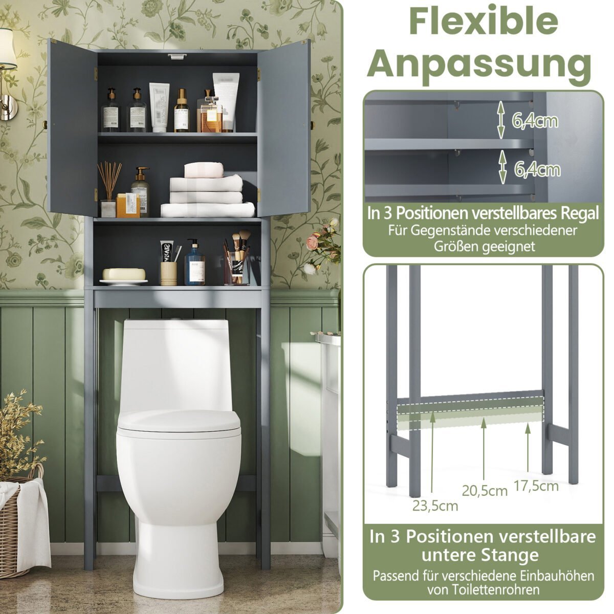 Vietą taupanti spintelė virš tualeto su durelėmis ir reguliuojama lentyna (Pilka) – Paveikslėlis 5