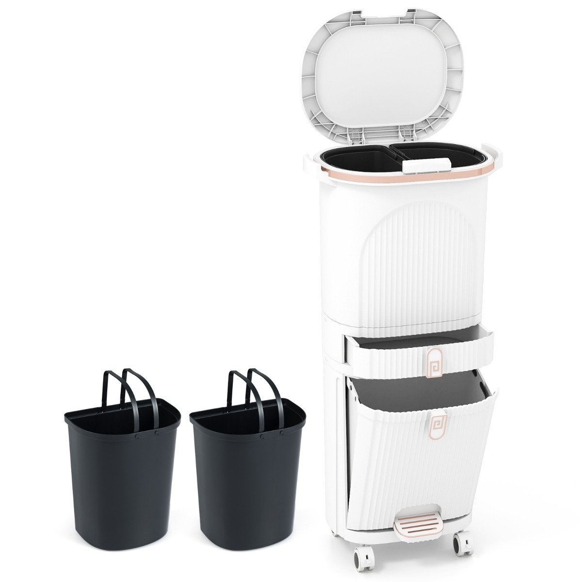 Virtuvės rūšiavimo šiukšliadėžė su 3 skyriais ir pedalu (Balta)