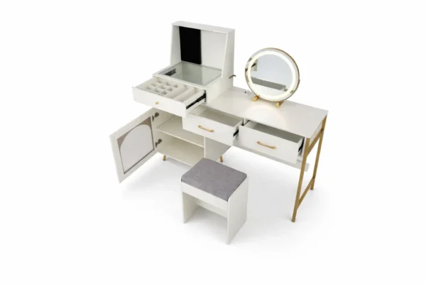 Kosmetikos staliukas su LED veidrodžiu ir kėdute (Balta)