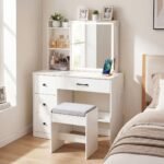 Kosmetinis staliukas su LED stumdomu veidrodžiu ir įkrovimo stotele (Balta) – Paveikslėlis 2