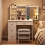 Kosmetinis staliukas su LED stumdomu veidrodžiu ir įkrovimo stotele (Balta) – Paveikslėlis 5