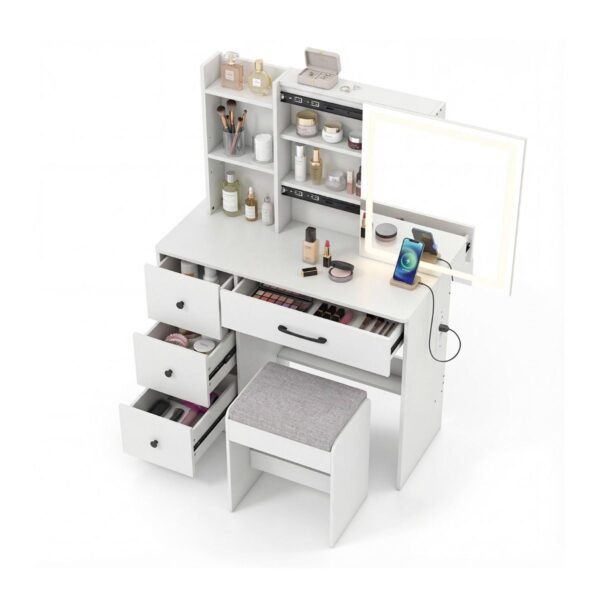 Kosmetinis staliukas su LED stumdomu veidrodžiu ir įkrovimo stotele (Balta)
