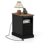 Naktinis staliukas su įkrovimo stotele atvira lentyna ir stalčiais (Juoda)