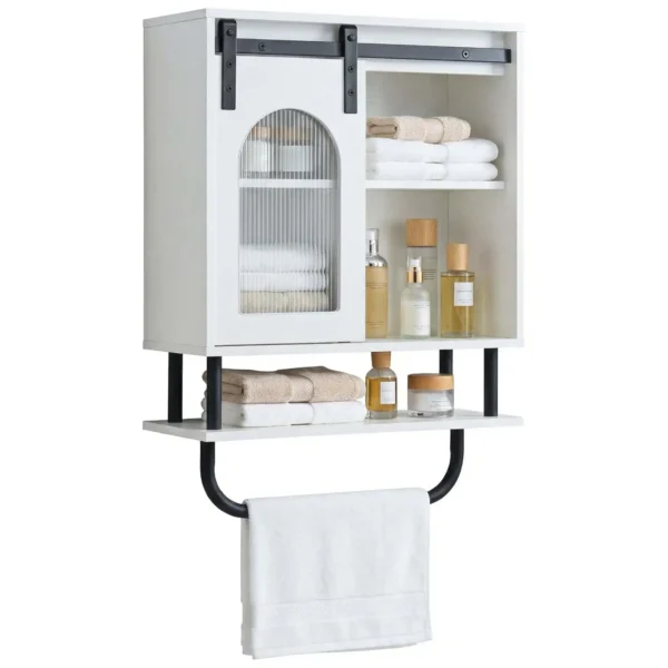Pakabinama vonios kambario spintelė su rankšluosčių laikikliu ir atvira lentyna (Balta)