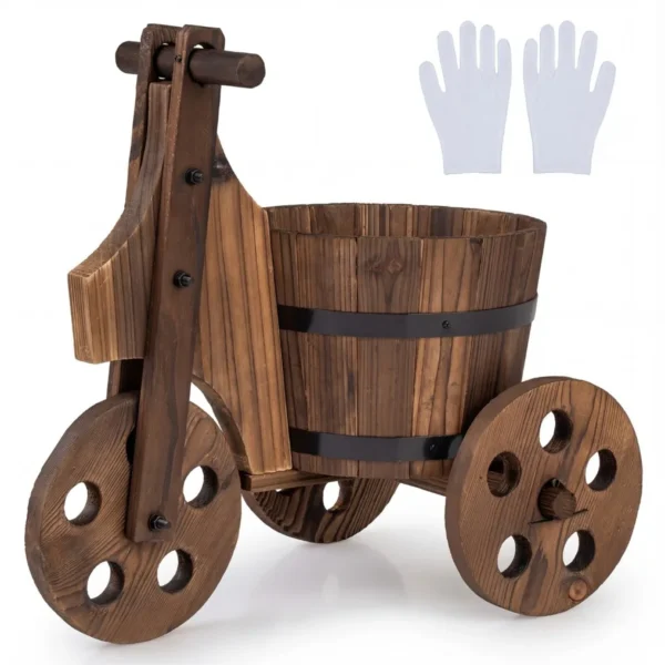 Medinė gėlių statinė su triračiu vežimėliu ir drenažo anga (Kavos)