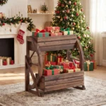 Rustikalus dviaukštis medinis vežimėlio stiliaus augalų vazonas su drenažu (Kava) – Paveikslėlis 3