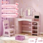 Vaikiškas kosmetinis staliukas su kėde veidrodžiu ir LED apšvietimu (Rožinė) – Paveikslėlis 4