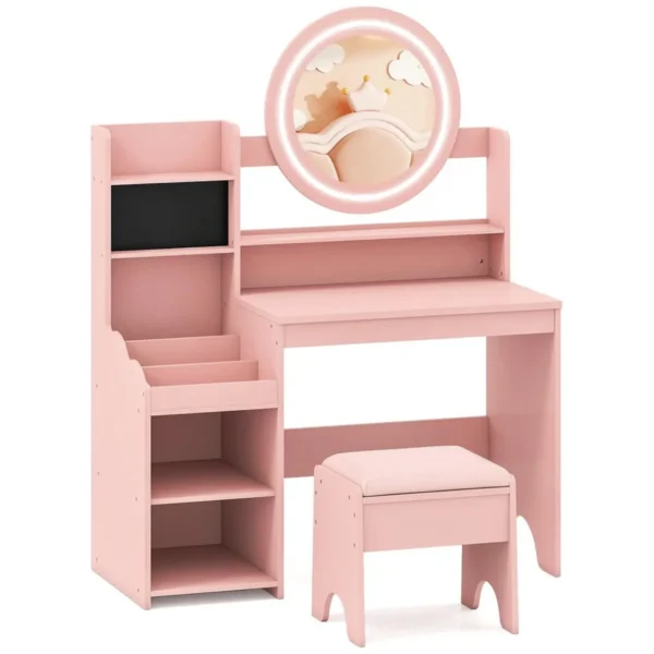 Vaikiškas kosmetinis staliukas su veidrodžiu šviesa ir minkštu pufu (Rožinė)