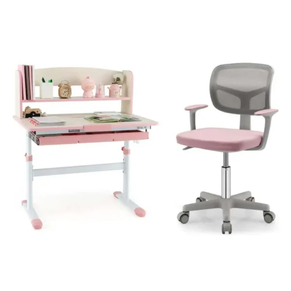 Vaikiškas reguliuojamo aukščio rašomasis stalas su ergonomiška kėde (Rožinė)