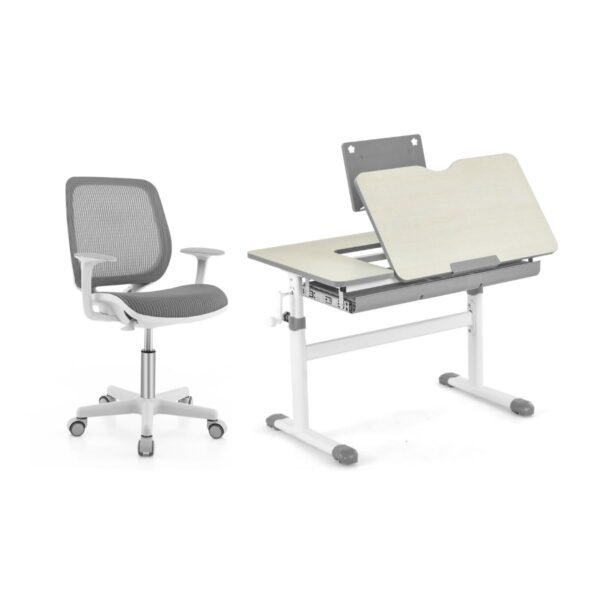 Vaikų reguliuojamo aukščio mokymosi stalas su ergonomiška kėde (Pilka)
