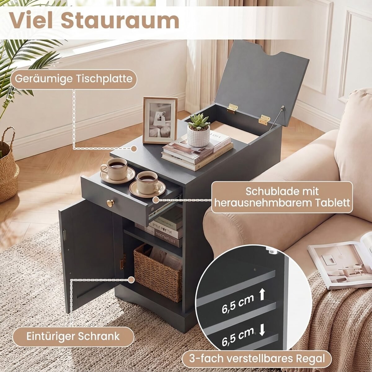 2 dalių naktinis staliukas su įkrovimo stotele ir reguliuojama lentyna (Pilka) – Paveikslėlis 3